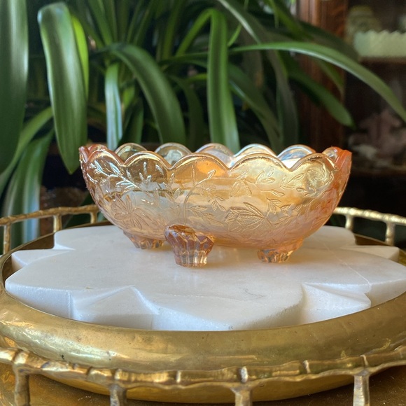 1950’s Jeannette Floragold Marigold Iridescent Carnival Glass Vintage Candy Dish - Picture 5 of 11